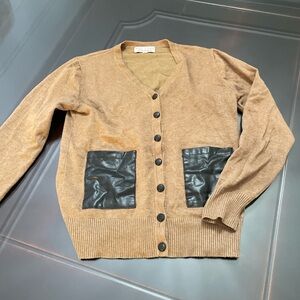 Tan Cardigan with Black Pockets